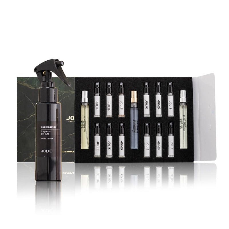Kit de 14 muestras de 2 ml + 1 Gel de ducha Jolie 100 ml + 1 Perfume de coche Jolie Spray 100 ml + 1 Perfume de viaje Spray 8 ml
