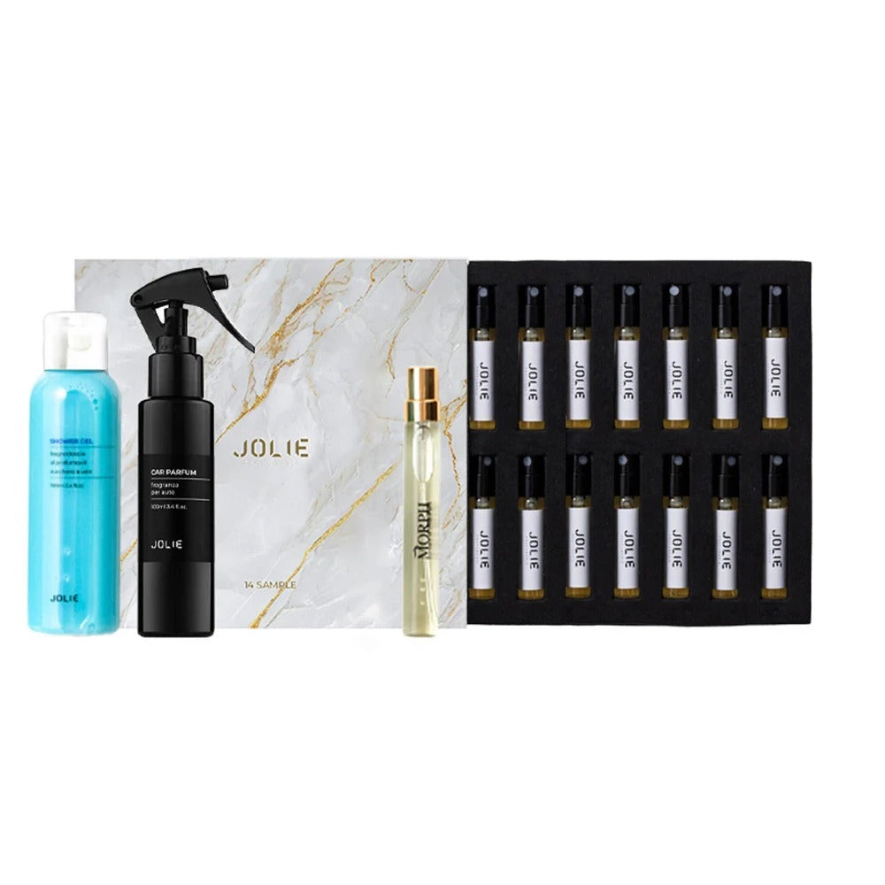 Kit de 14 muestras de 2 ml + 1 Gel de ducha Jolie 100 ml + 1 Perfume de coche Jolie Spray 100 ml + 1 Perfume de viaje Spray 8 ml